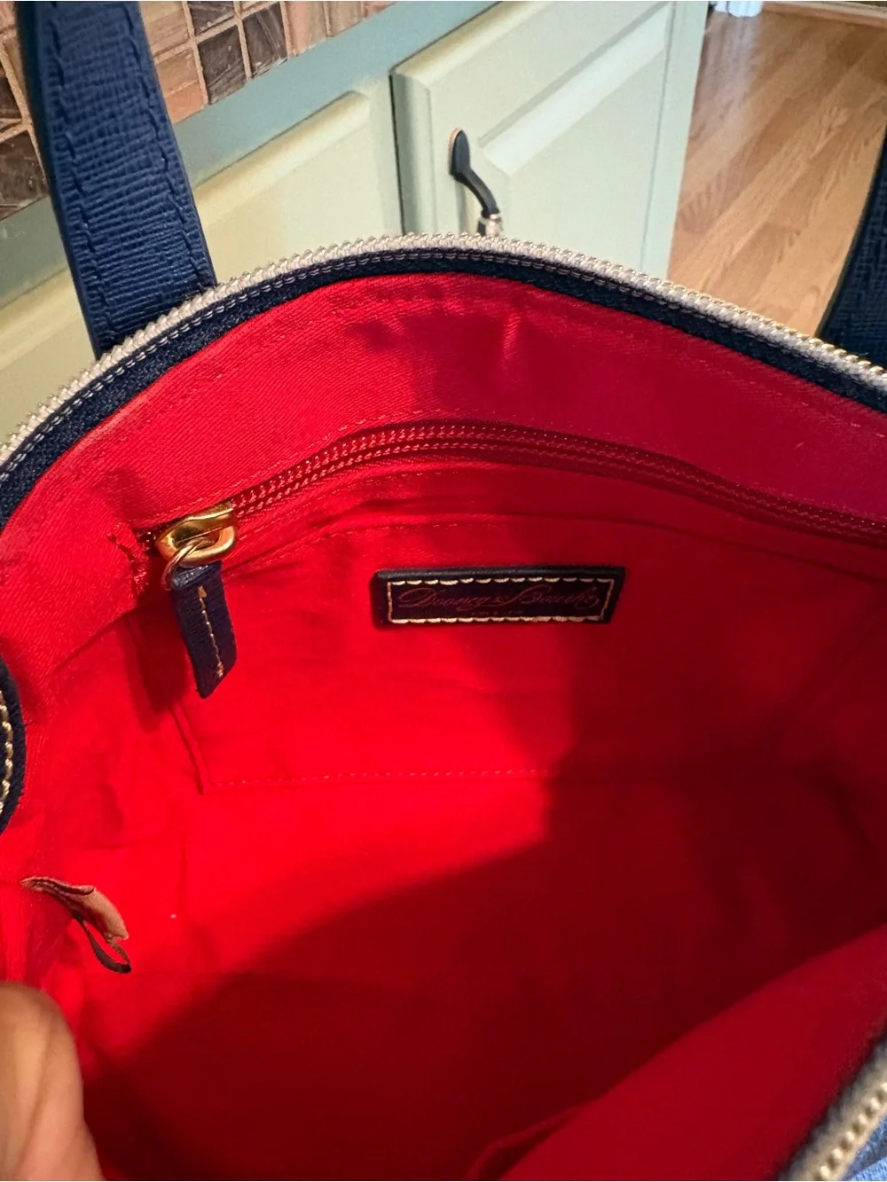 Dooney & Bourke Blue Chevron Satchel with Gold Chain Strap